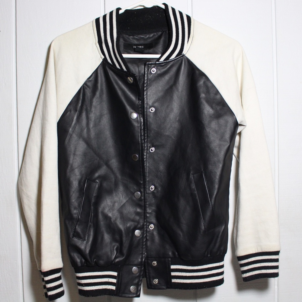 Black and White faux leather varsity jacket